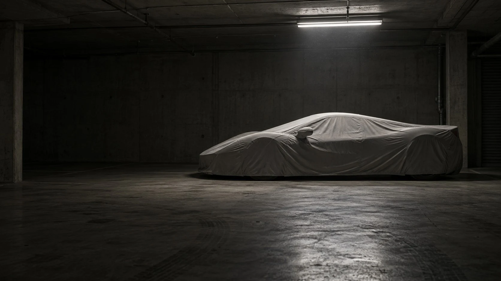 An exotic car kept under cover in a private garage