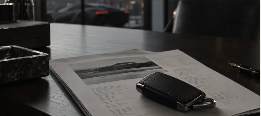 A car key on paperwork across a desk, with a car visible through the window beyond